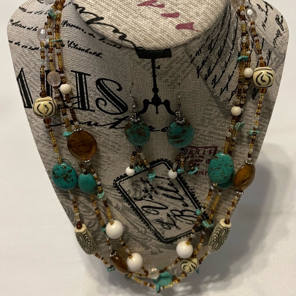 Necklace set. Combination of Turquoise, and amber beads with matching earrings.